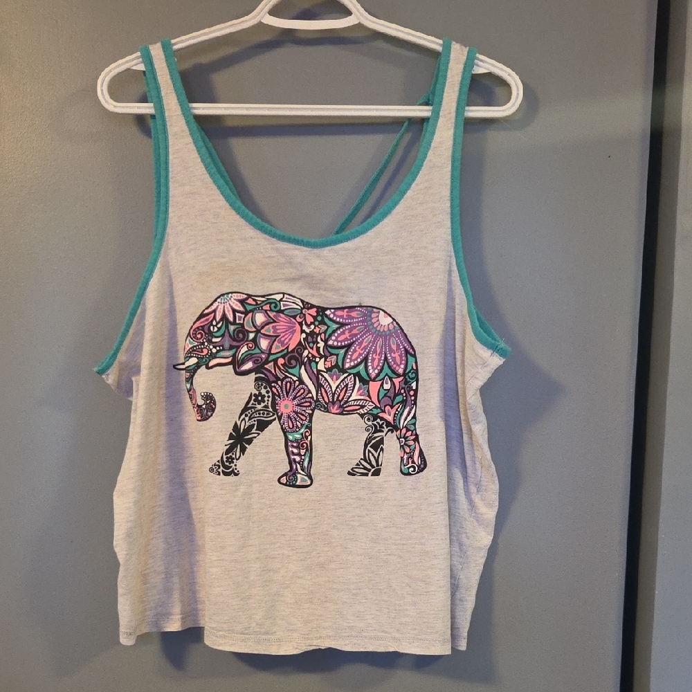 Elephant Print Tank Top - Light Gray and Teal